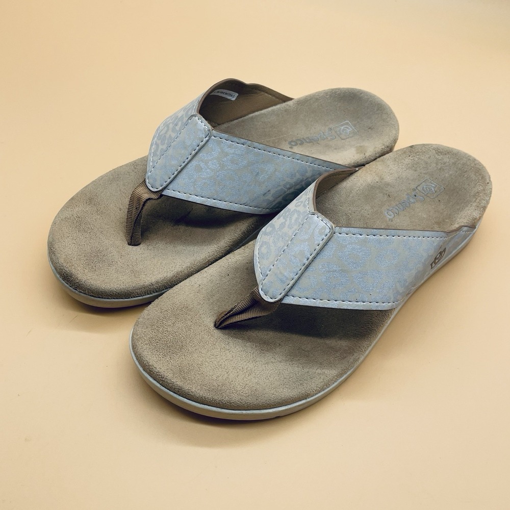 Spenco Sandal Thong Women Hampton Suede Gray Leopard Slide Flip‎ Flop Size W7.5